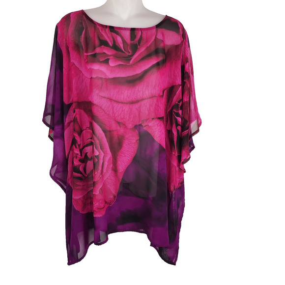 Susan Graver Womens Floral Printed Sheer Chiffon Scarf Top Purple Rose Medium - Picture 1 of 8